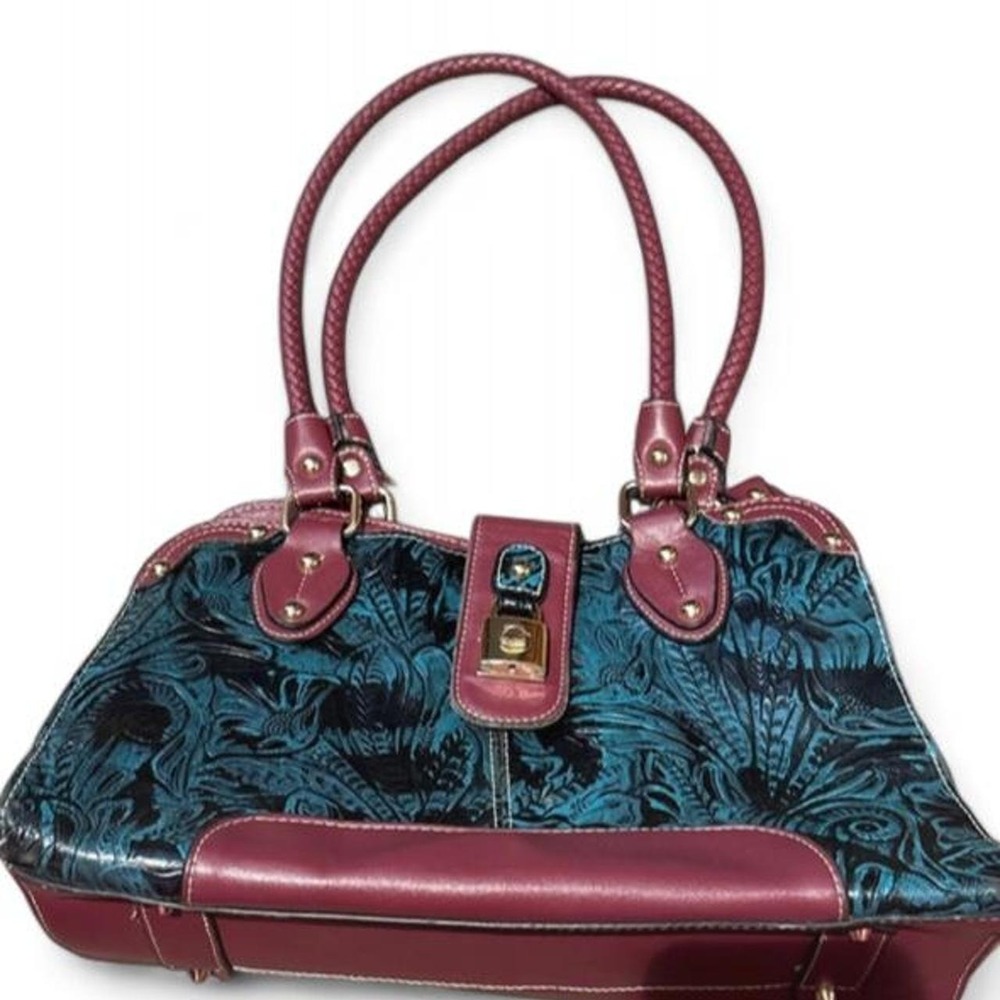 MC Handbags Teal Blue Brocade Paisley Satchel Purse Burgundy Faux Leather Trim